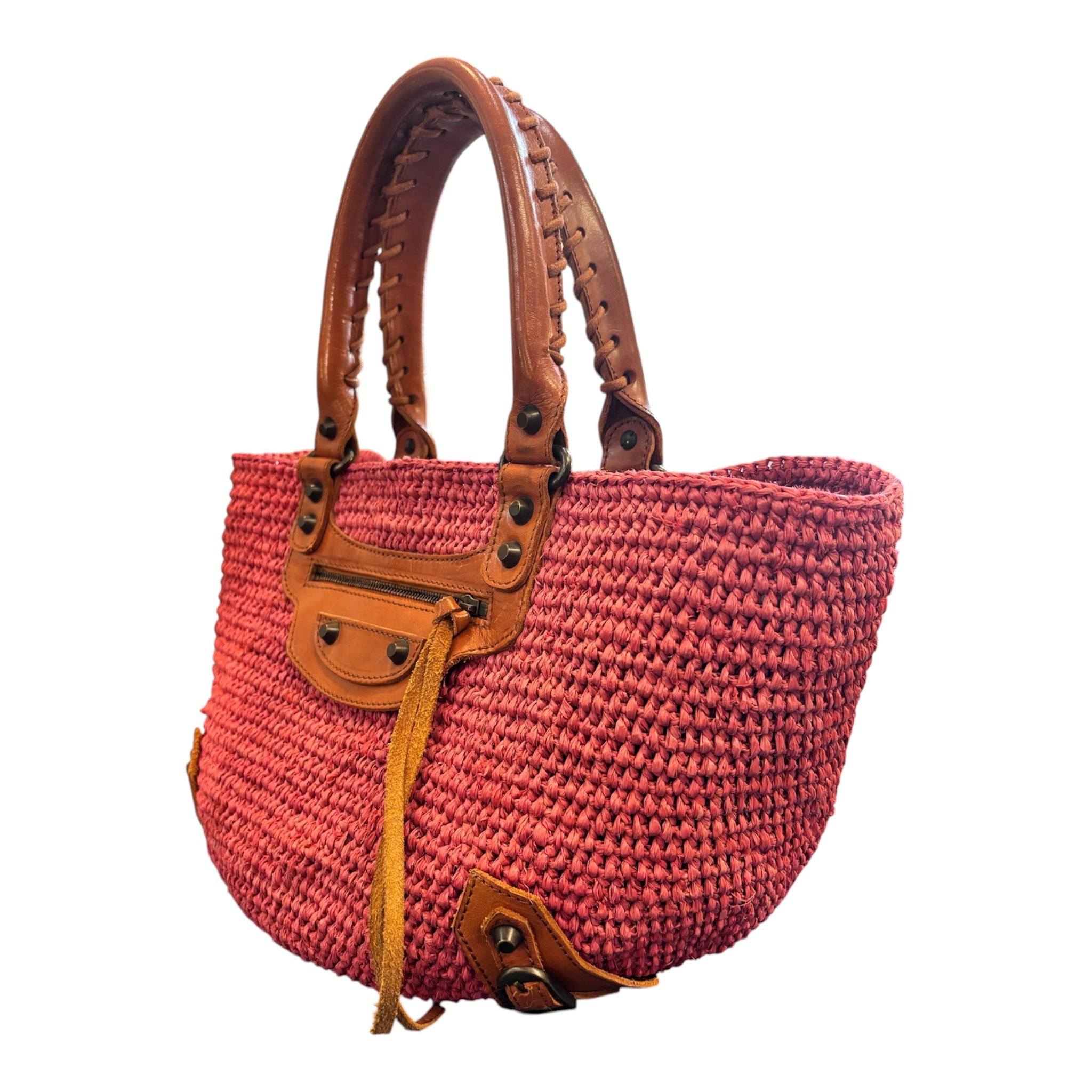 Balenciaga Pink Raffia and Brown Leather Handbag