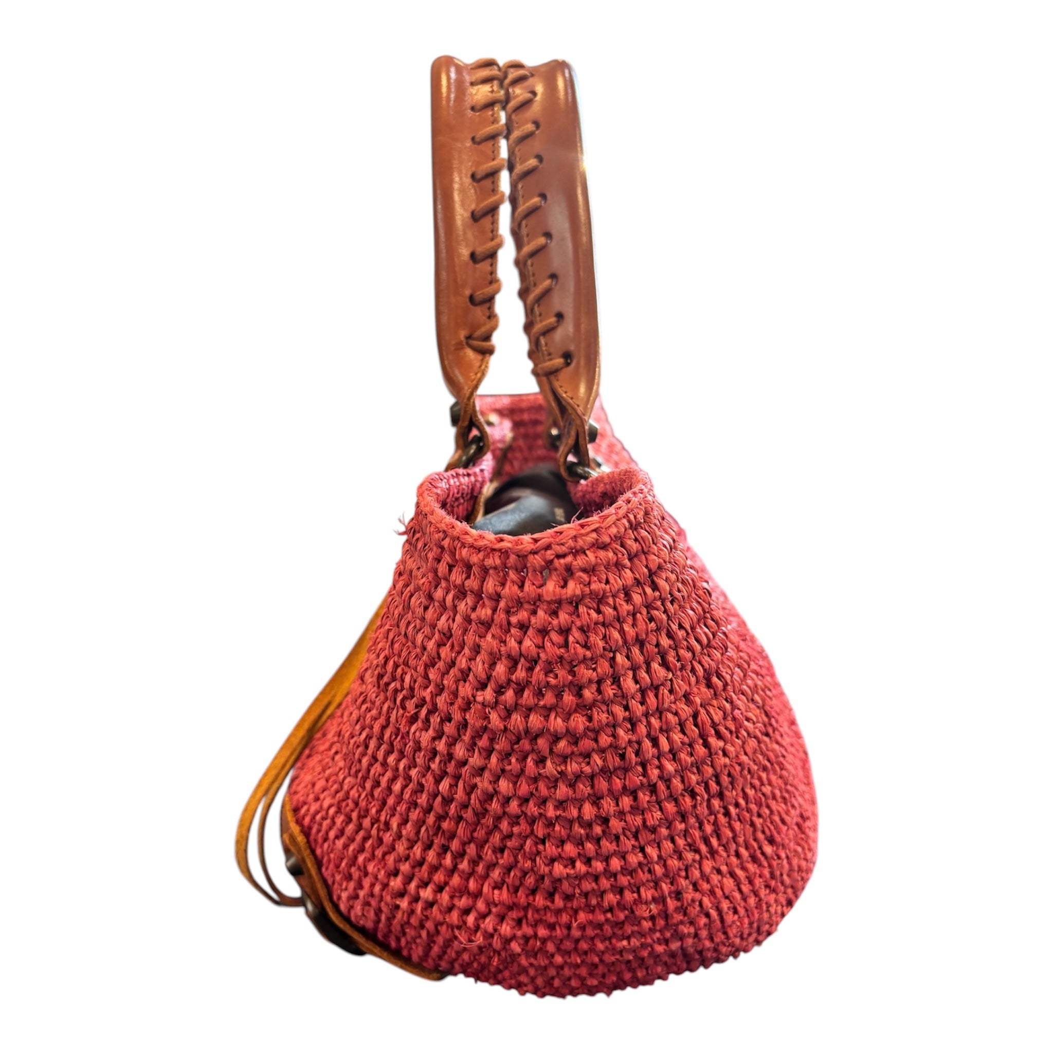 Balenciaga Pink Raffia and Brown Leather Handbag