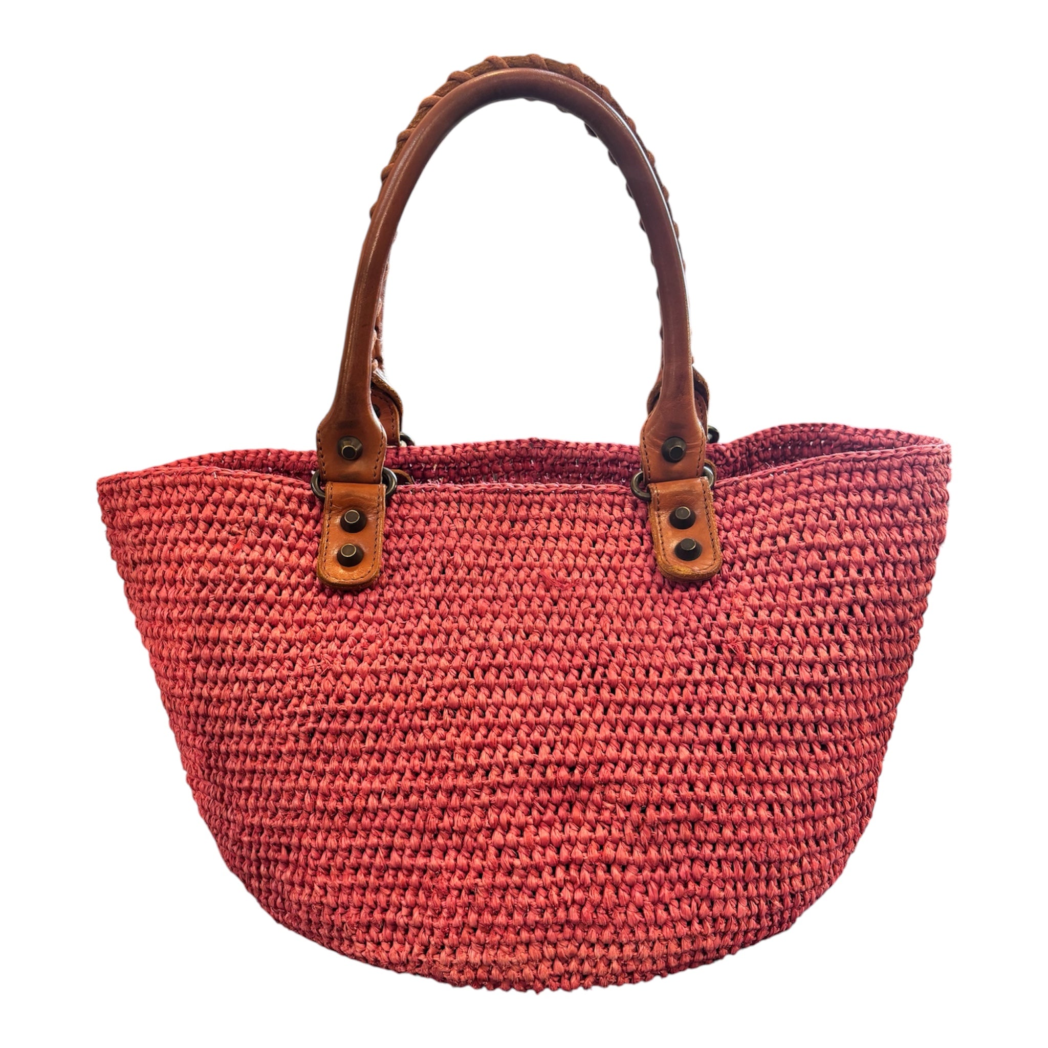 Balenciaga Pink Raffia and Brown Leather Handbag