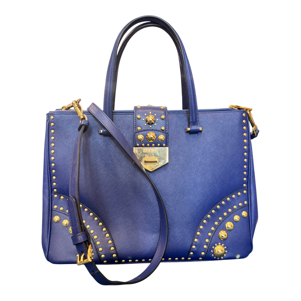 Prada handbag in blue leather with gold-tone beads