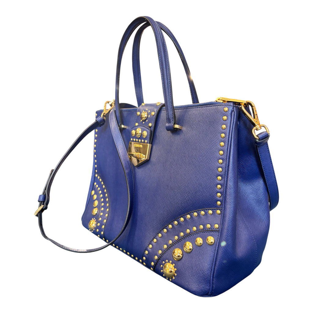 Prada handbag in blue leather with gold-tone beads