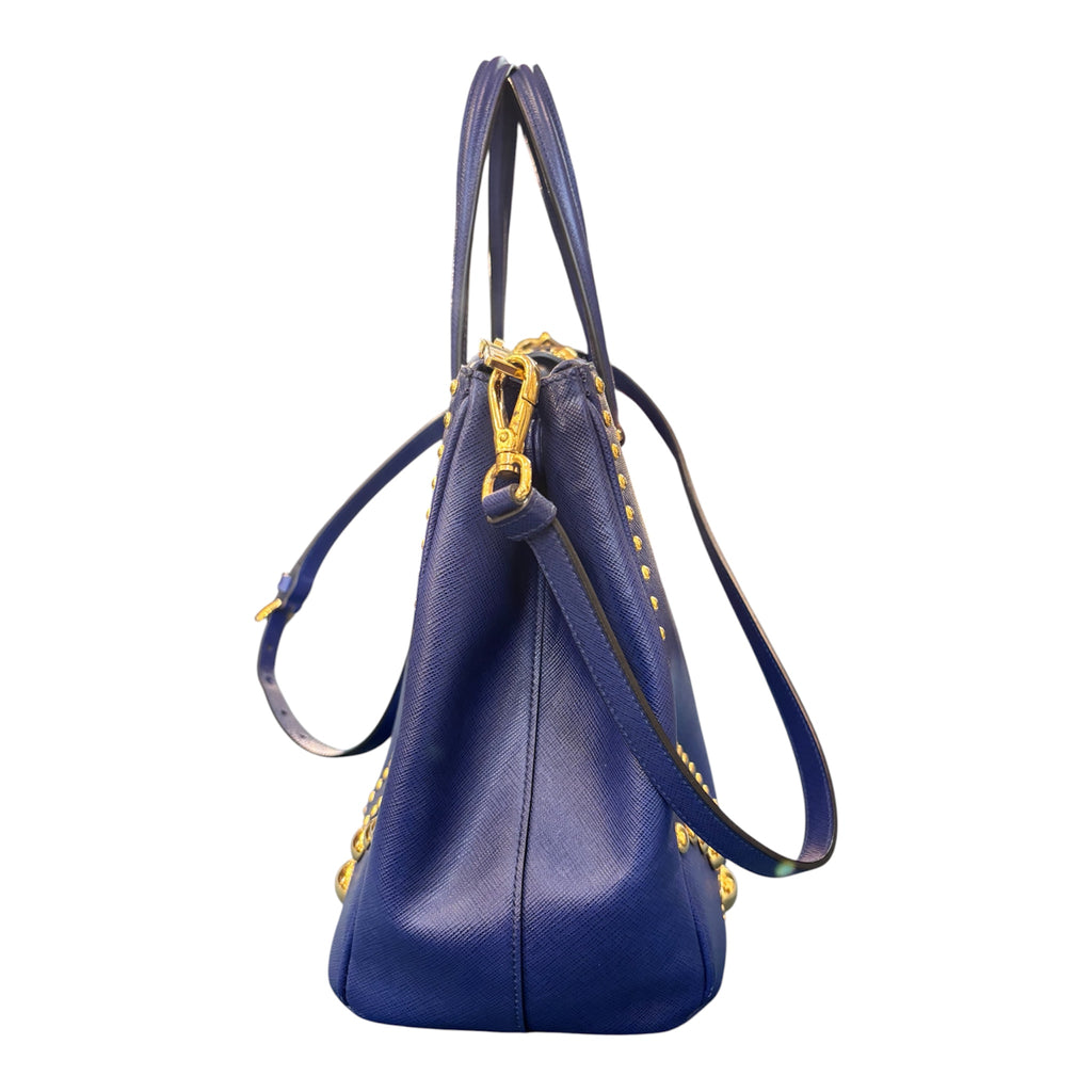 Prada handbag in blue leather with gold-tone beads