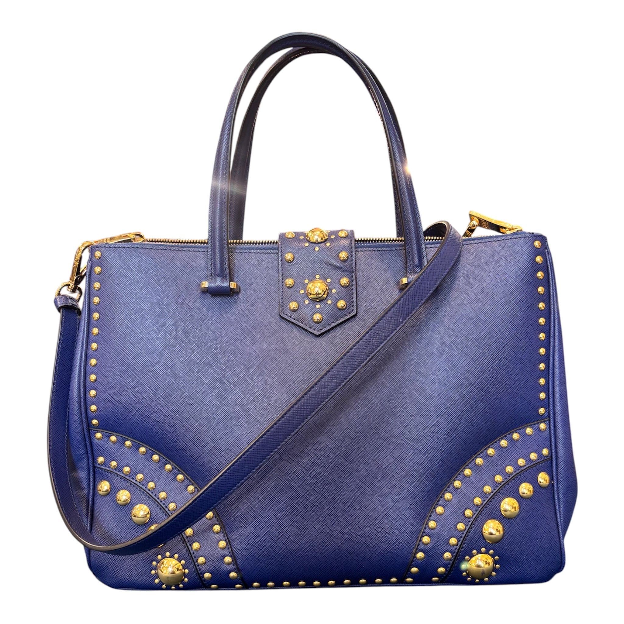 Prada handbag in blue leather with gold-tone beads