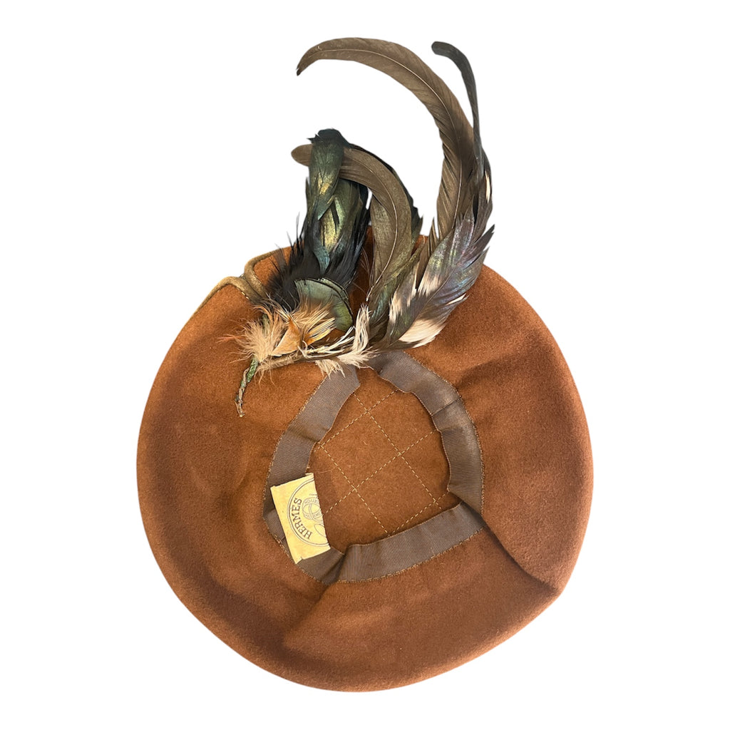Hermes khaki suede hat with feathers - Good condition, shows slight signs of wear - Hermes hat - Khaki and brown suede - Feathers