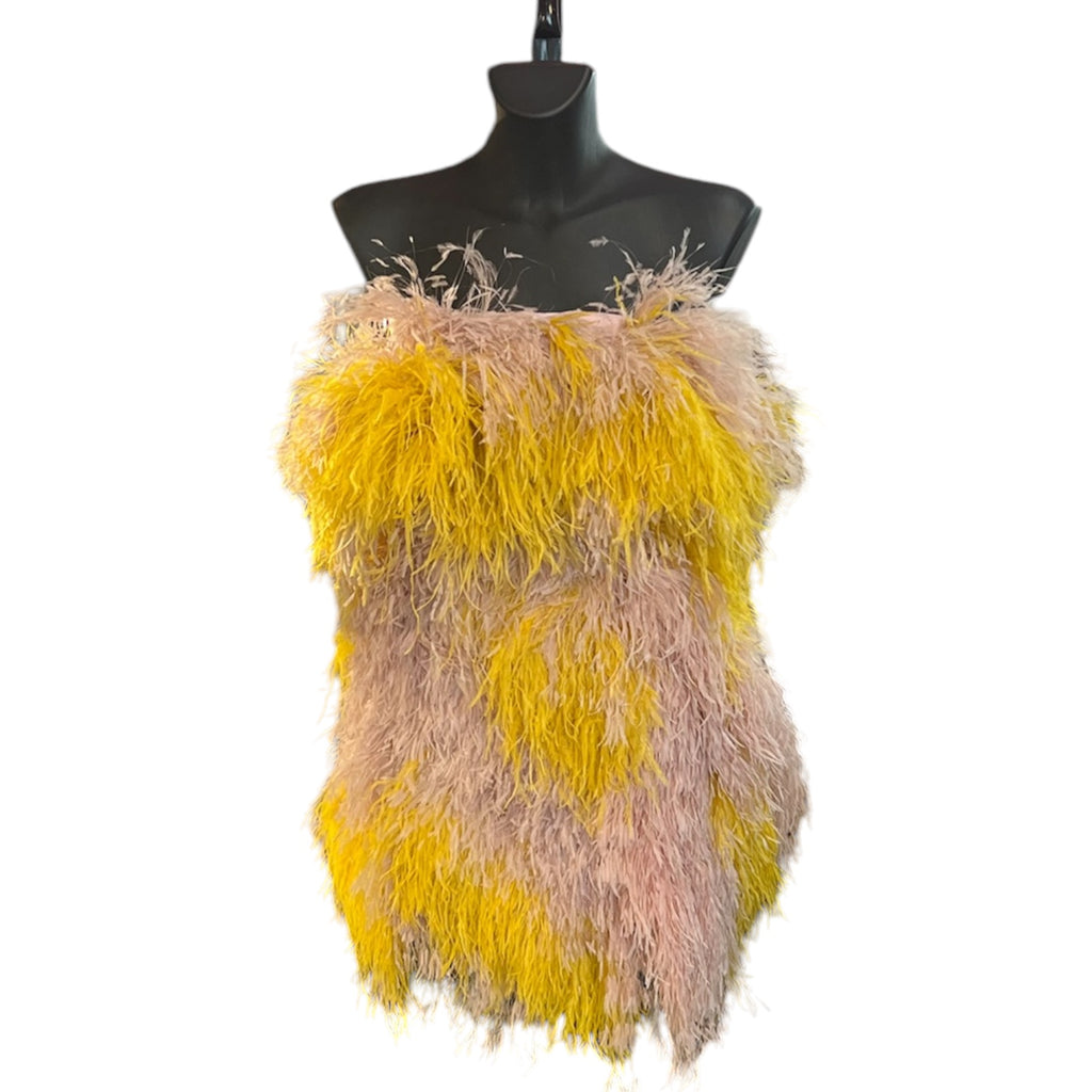 Ralph&Russo Pink and Yellow Dress Made of Ostrich Feathers