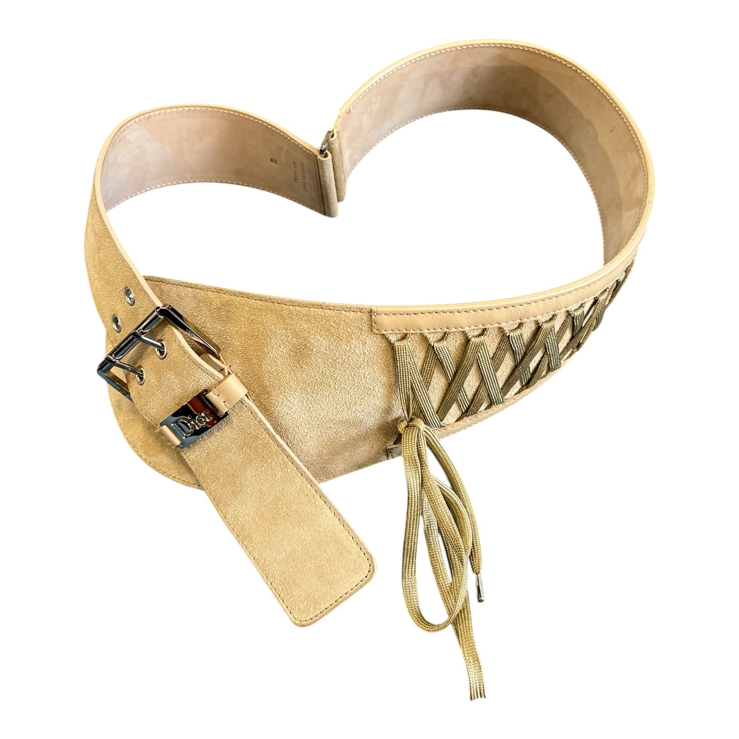 Christian Dior Beige Suede Belt with Lacing and Silver Buckle