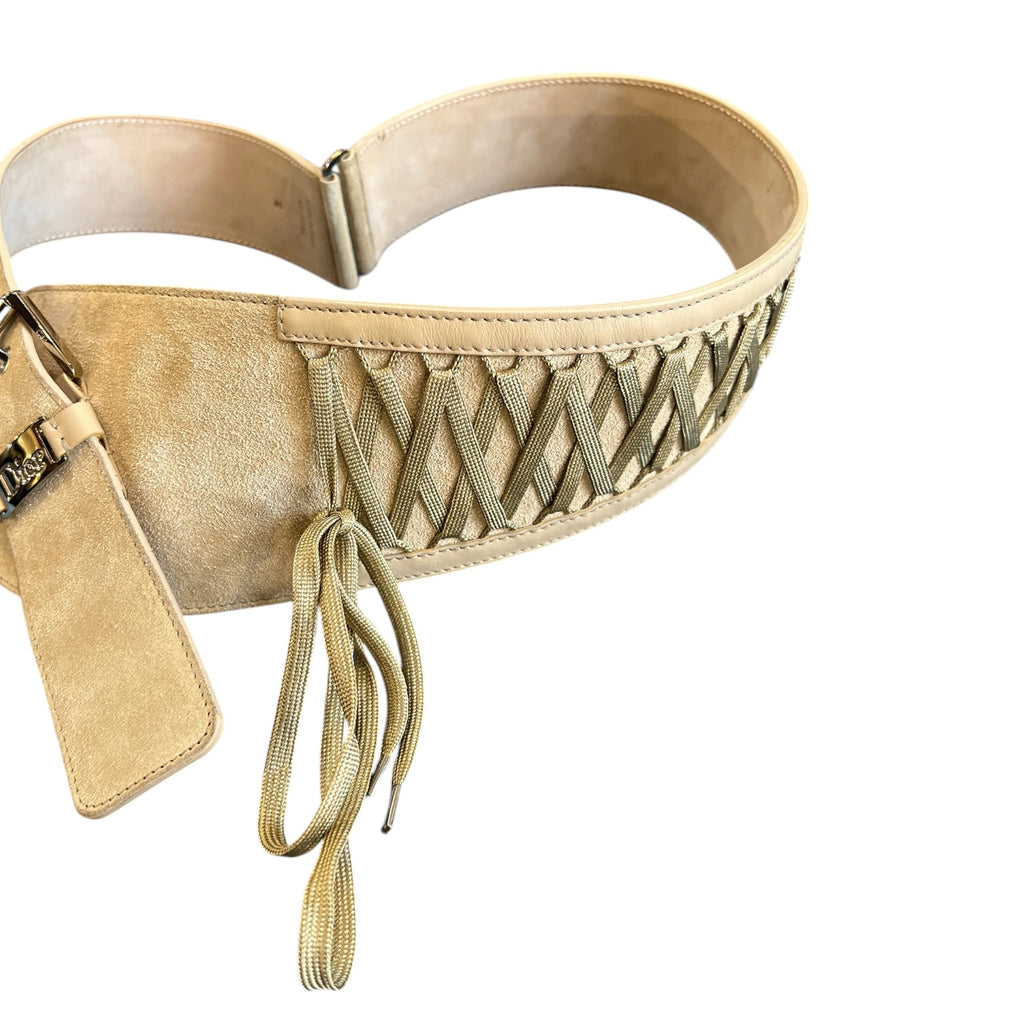 Christian Dior Beige Suede Belt with Lacing and Silver Buckle