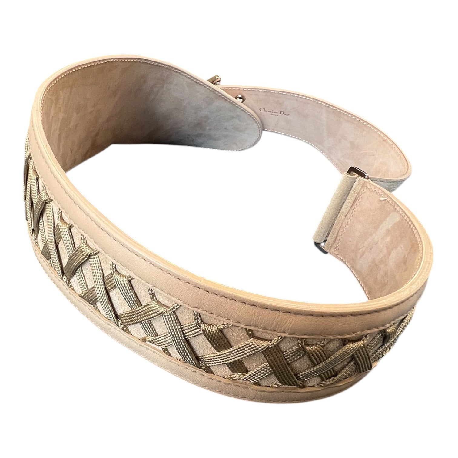 Christian Dior Beige Suede Belt with Lacing and Silver Buckle