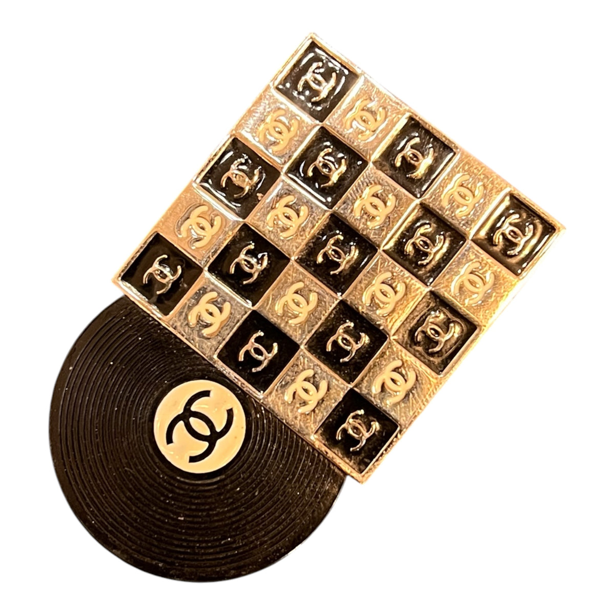 Chael Brooch in the Shape of a Vintage Black-and-White Vinyl Record