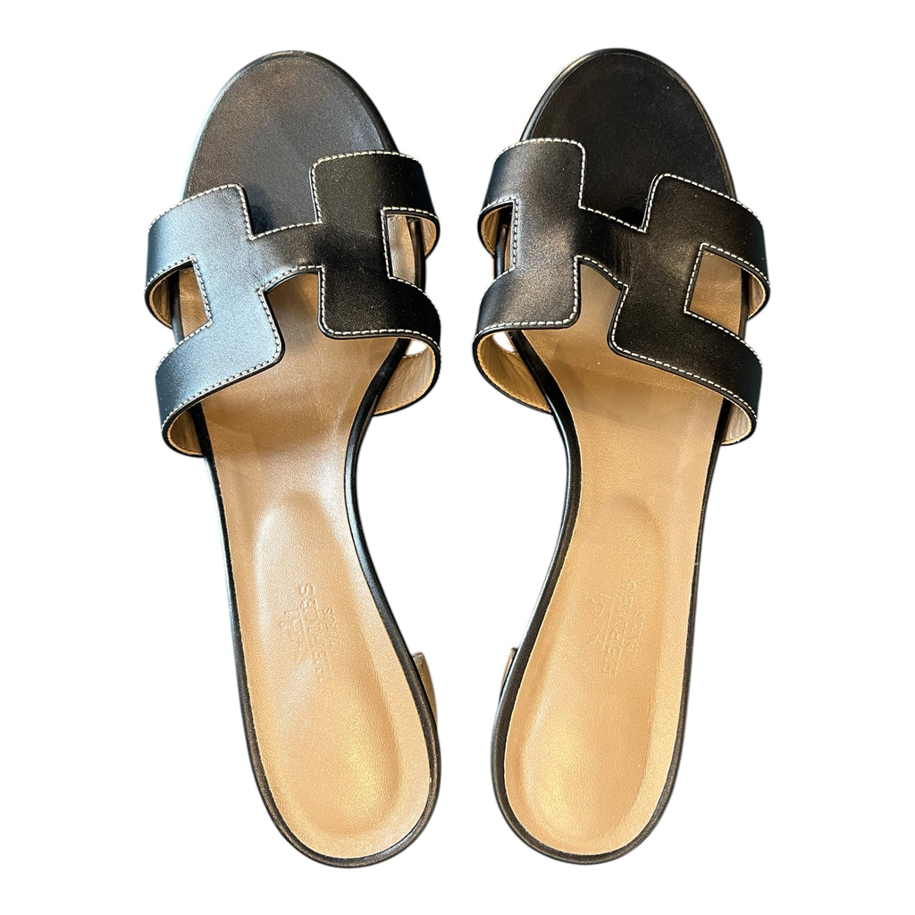 Black Leather Hermes Heeled Sandals