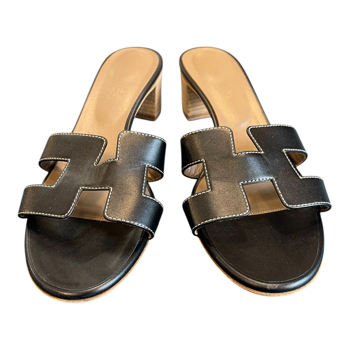 Black Leather Hermes Heeled Sandals
