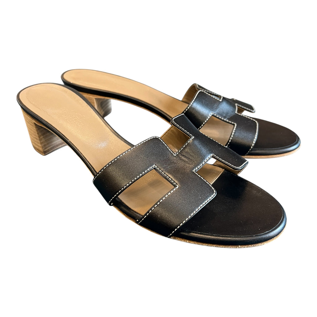 Black Leather Hermes Heeled Sandals