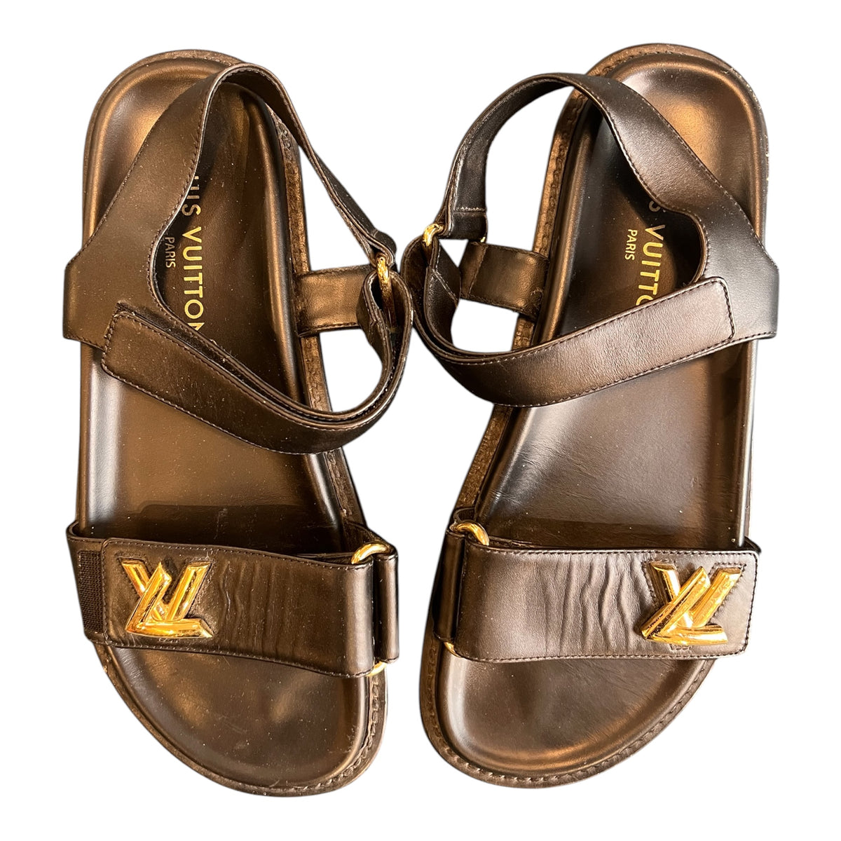 Louis Vuitton Black Leather Flip-Flops with LV Logo