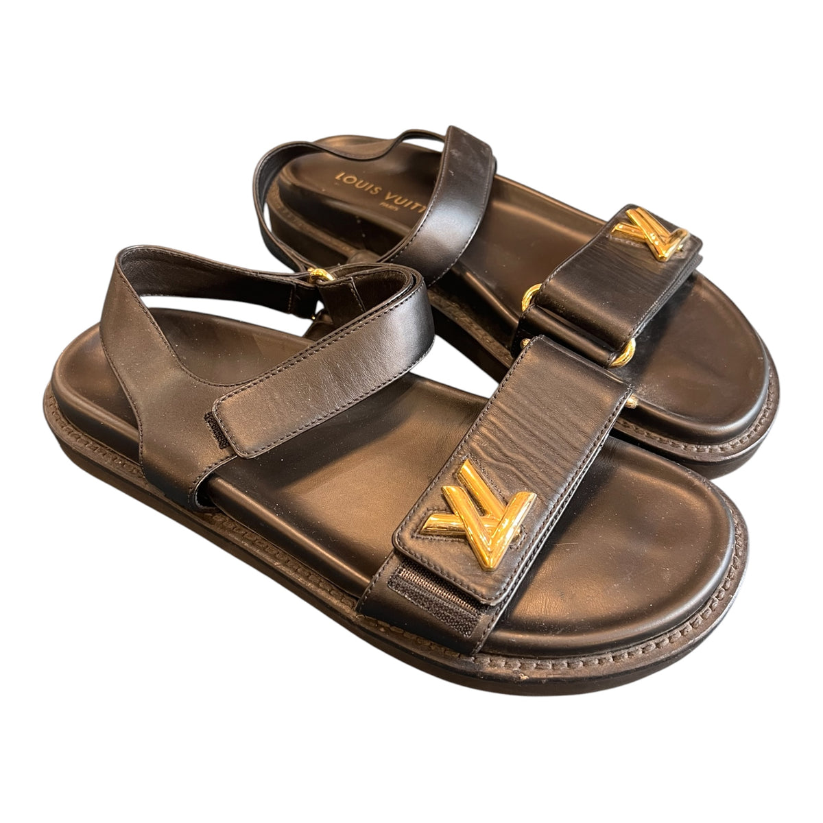 Louis Vuitton Black Leather Flip-Flops with LV Logo