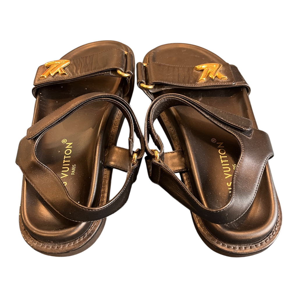 Louis Vuitton Black Leather Flip-Flops with LV Logo