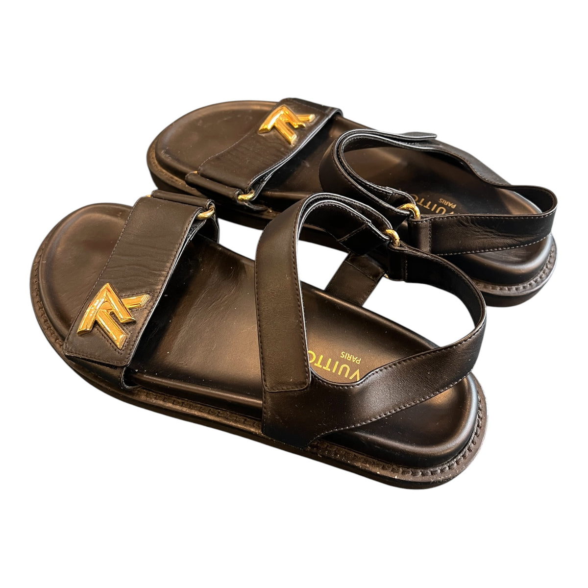 Louis Vuitton Black Leather Flip-Flops with LV Logo