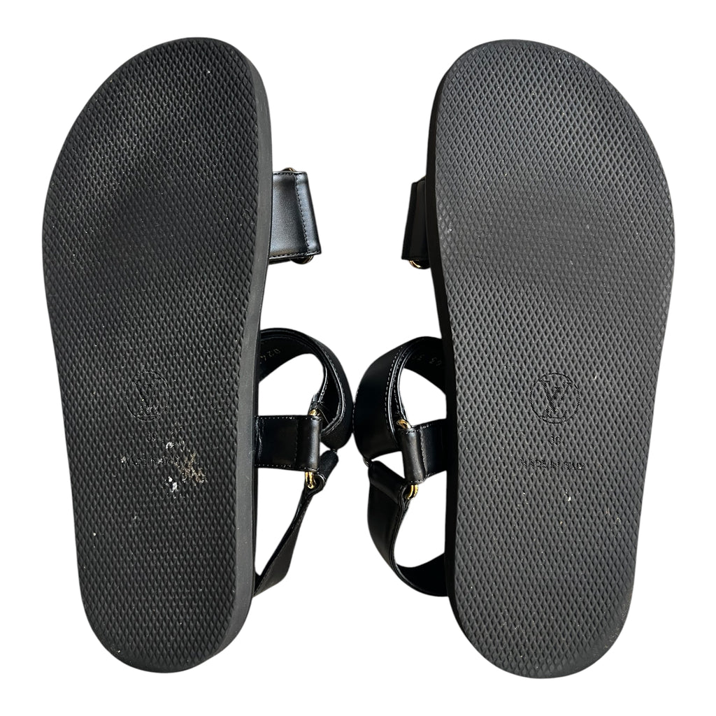 Louis Vuitton Black Leather Flip-Flops with LV Logo