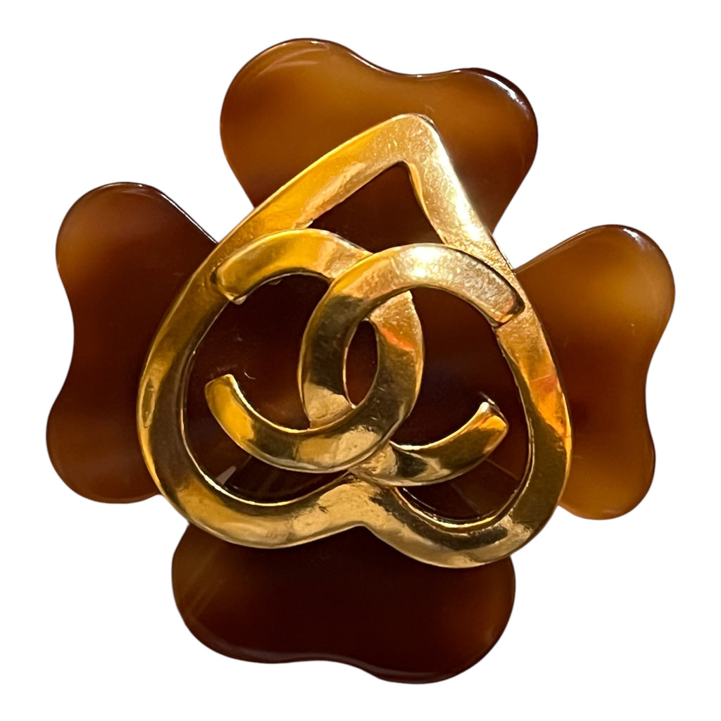 Chanel CC Gold-Plated and Resin Clover Heart Pin Brooch