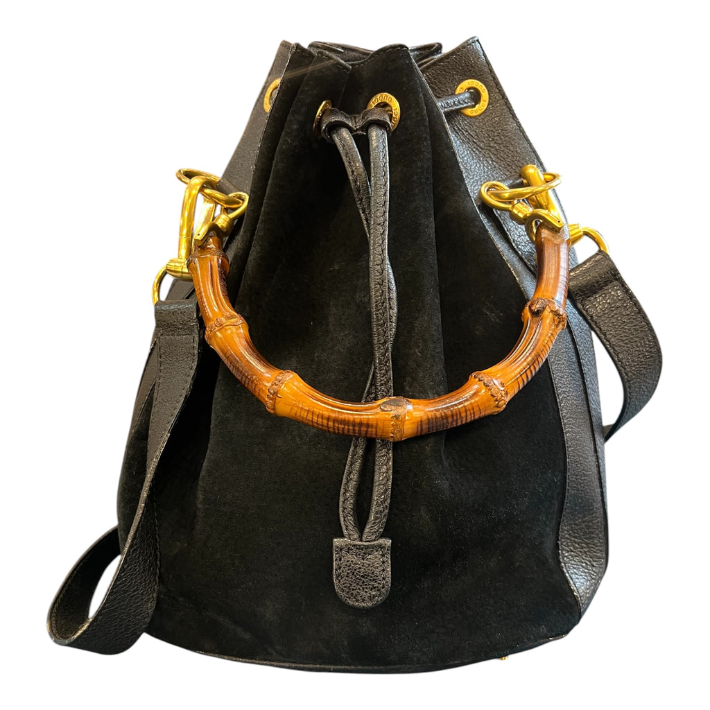Gucci Suede Bamboo Drawstring Bucket Bag