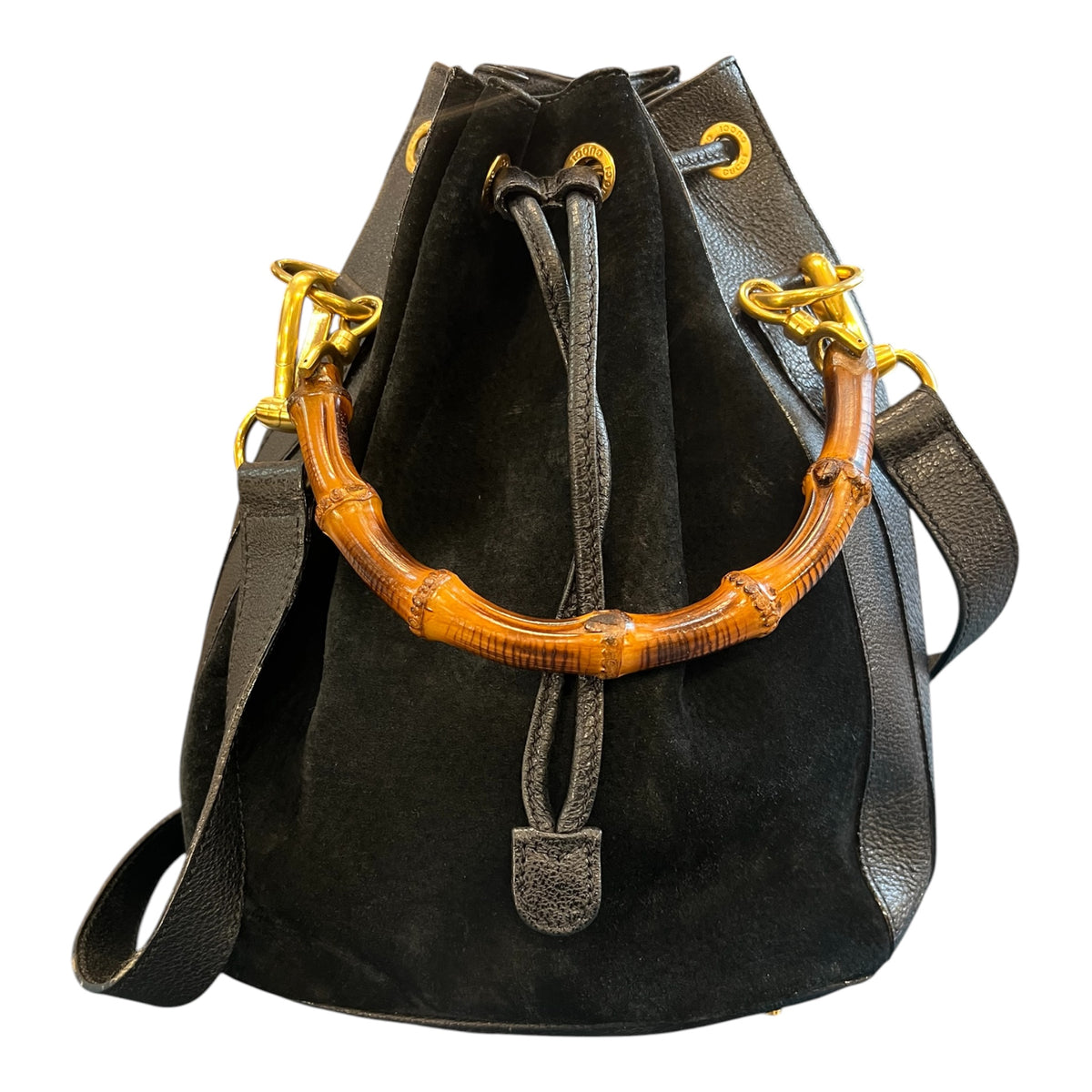 Gucci Suede Bamboo Drawstring Bucket Bag