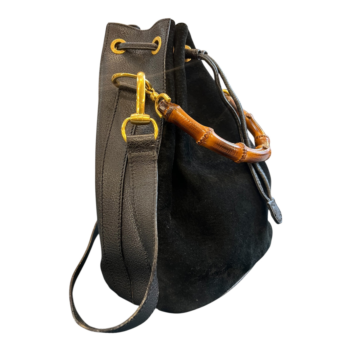 Gucci Suede Bamboo Drawstring Bucket Bag