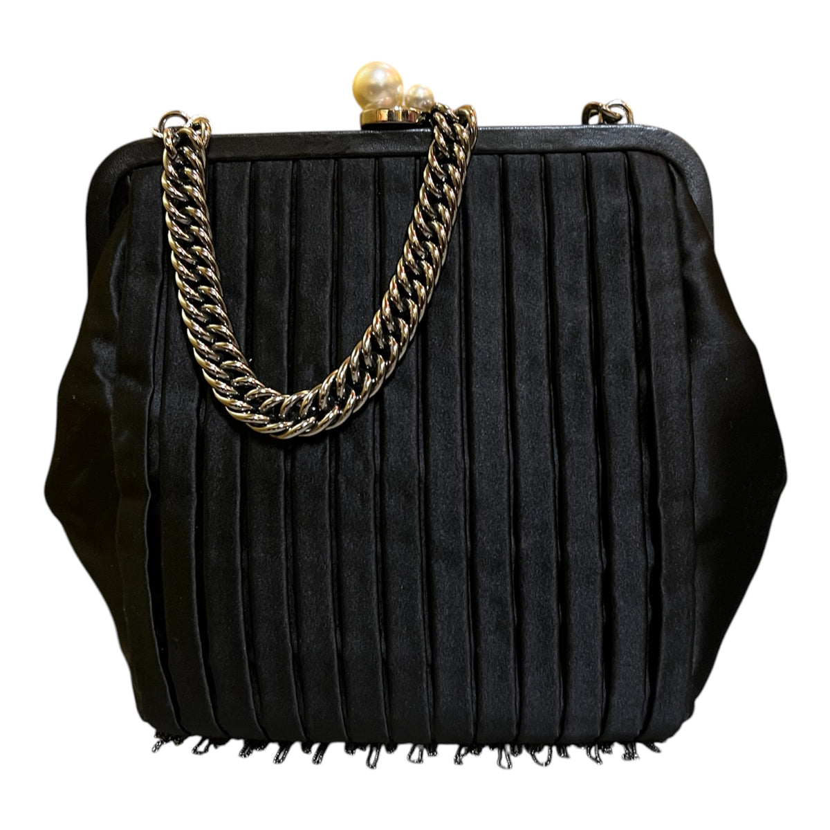 2006 Chanel Pleated Satin Frame Pearl Chain Fringe Shoulder Bag