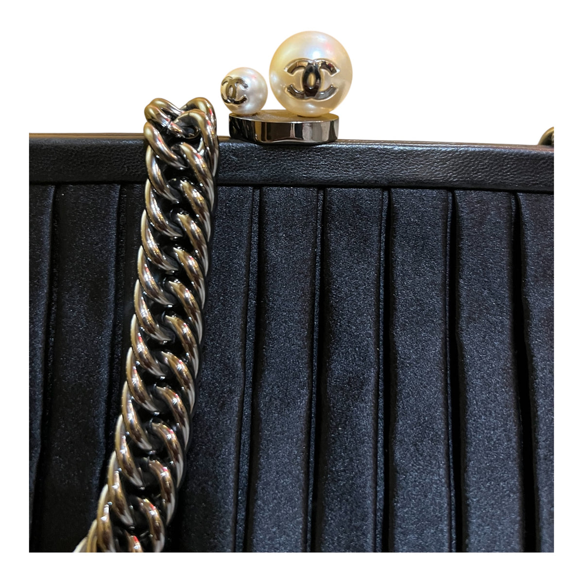 2006 Chanel Pleated Satin Frame Pearl Chain Fringe Shoulder Bag