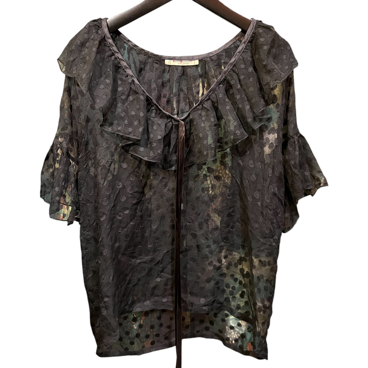 Saint Laurent Rive Gauche sheer black blouse with small polka dots