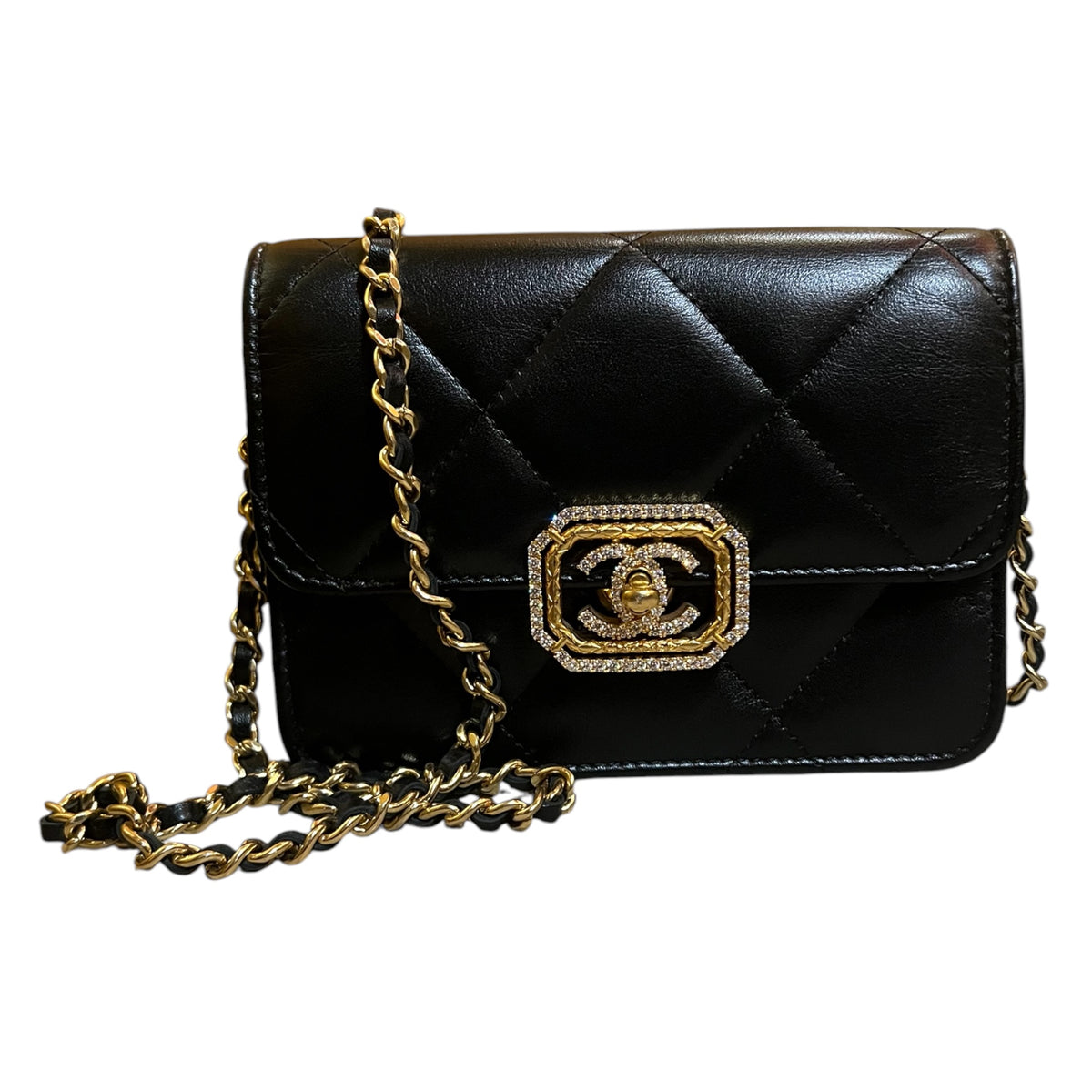 2021 Quilted Calfskin and Strass Flap Clutch with Chain