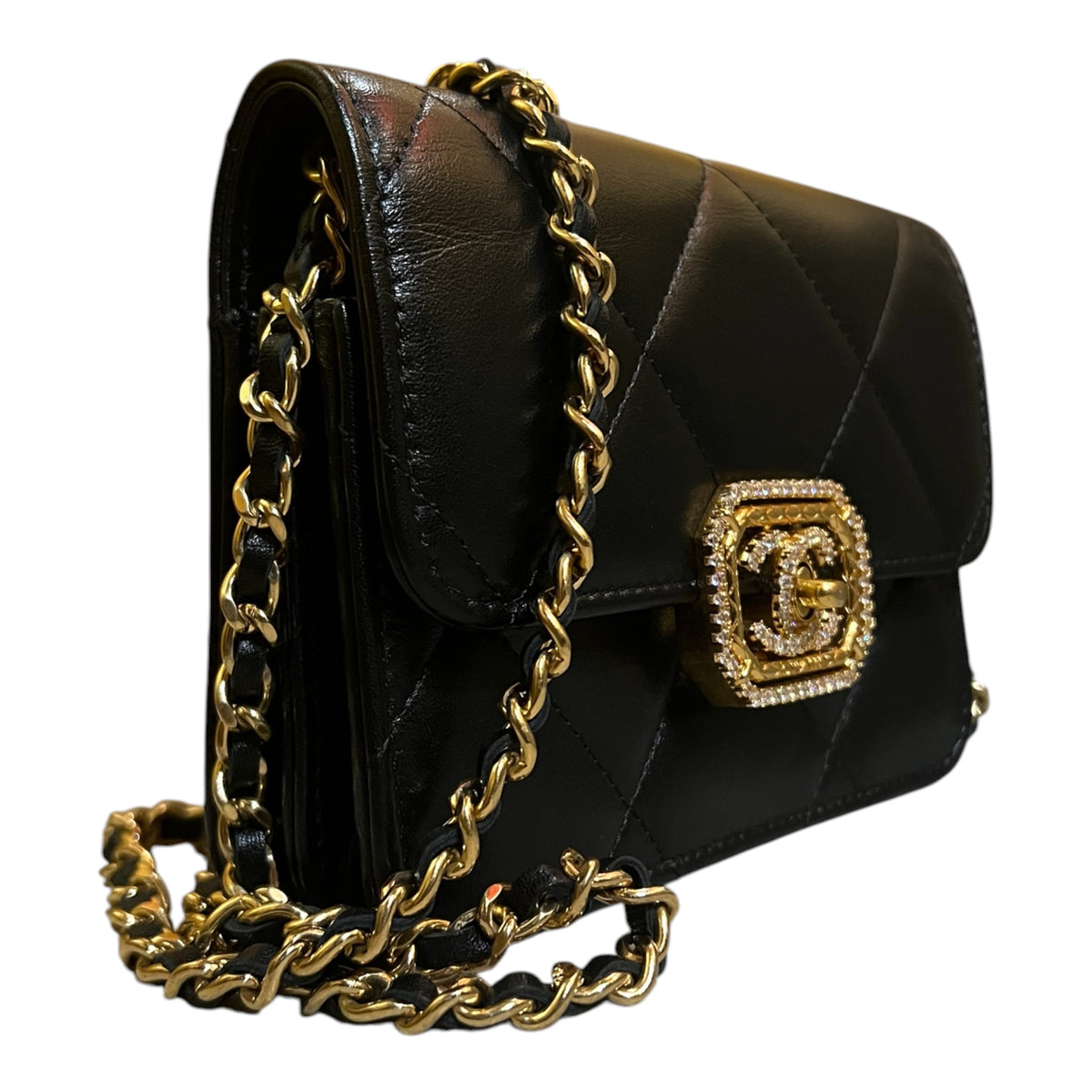2021 Quilted Calfskin and Strass Flap Clutch with Chain