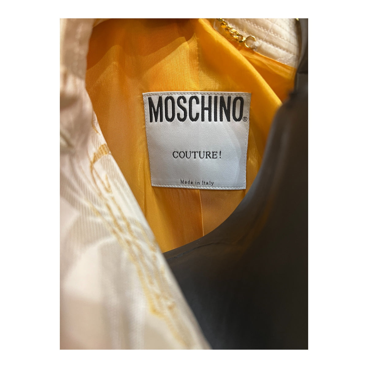 Moschino long jacket in beige with gold floral patterns