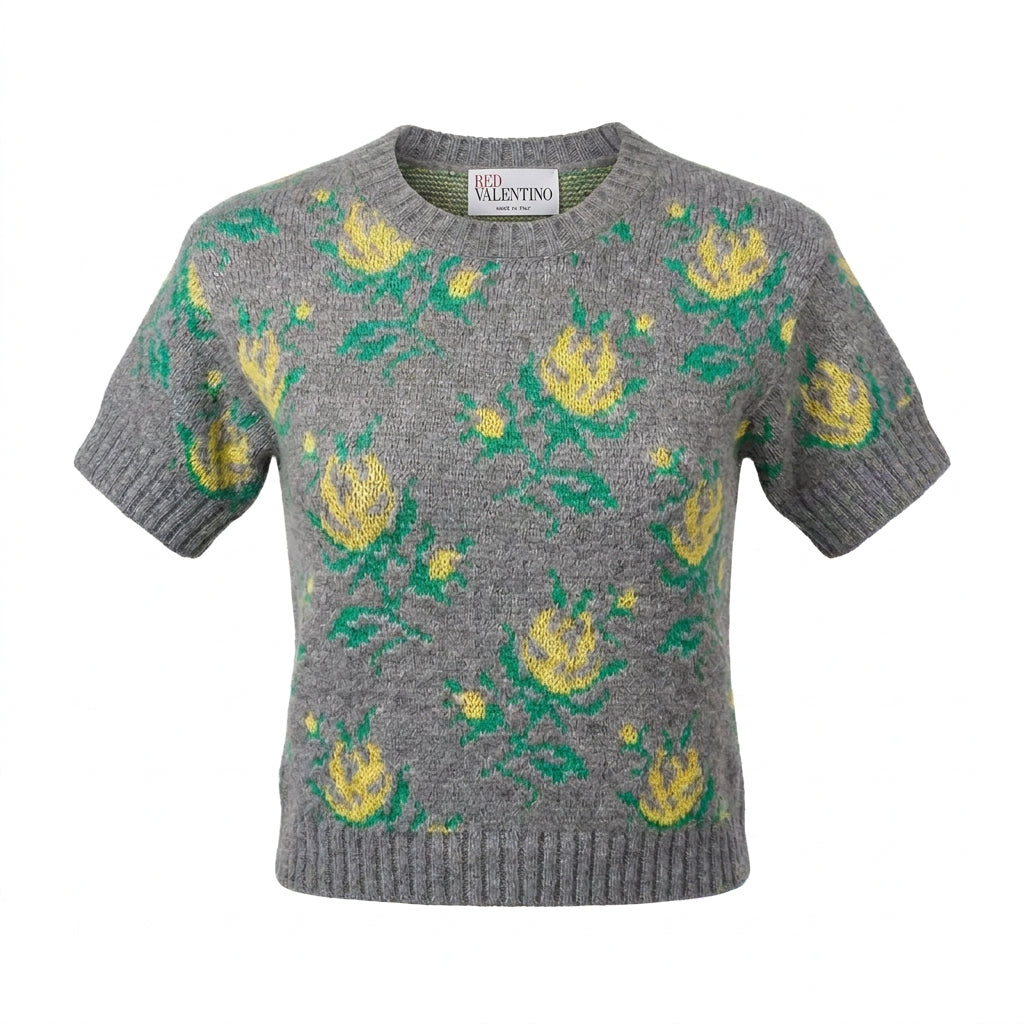 RED Valentino Grey Floral Knit Short-Sleeve Sweater – Size S