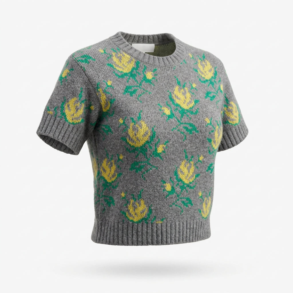 RED Valentino Grey Floral Knit Short-Sleeve Sweater – Size S