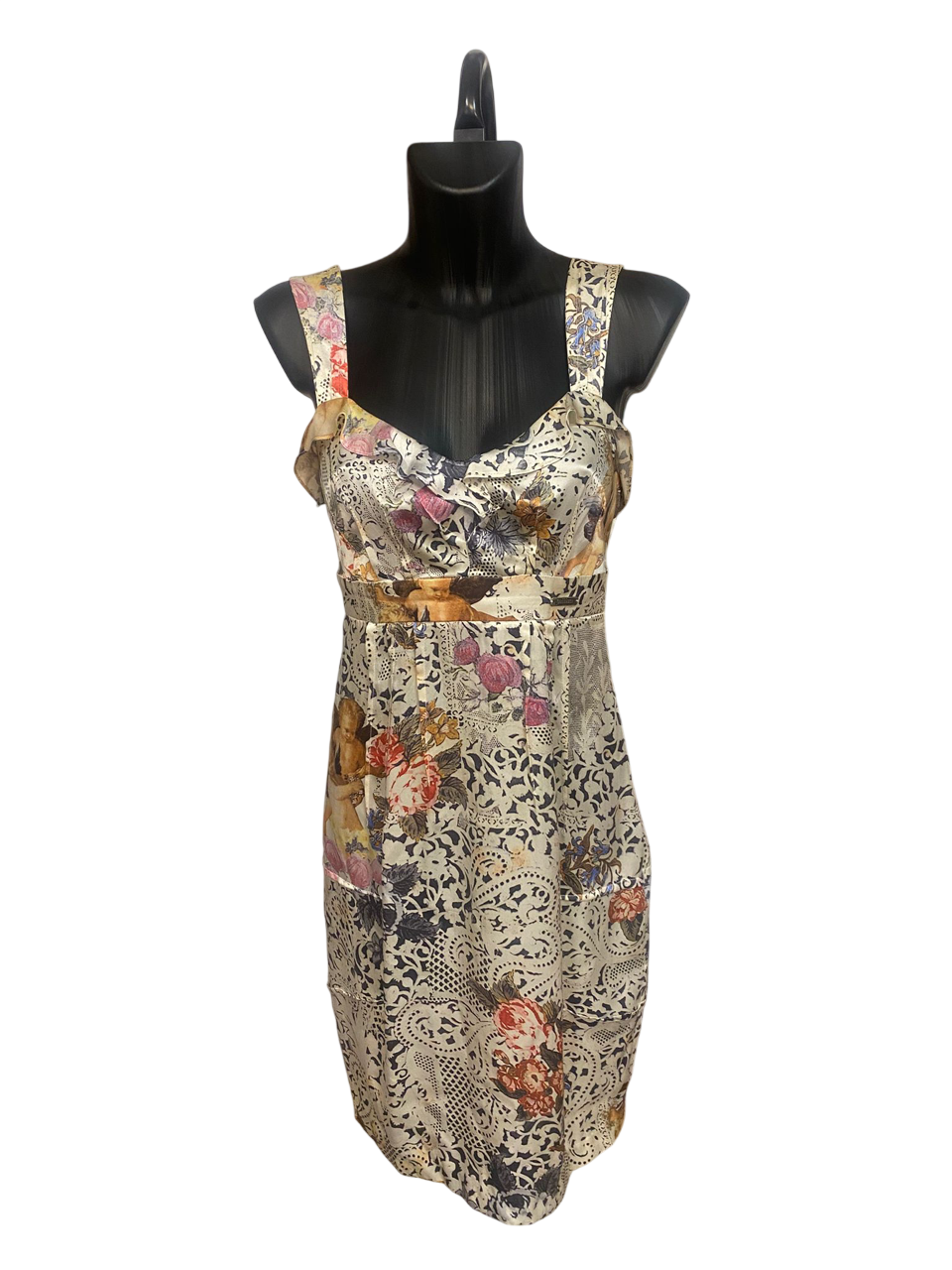 John Galliano Silk Dress with Cherubs, Angels and Flower Print