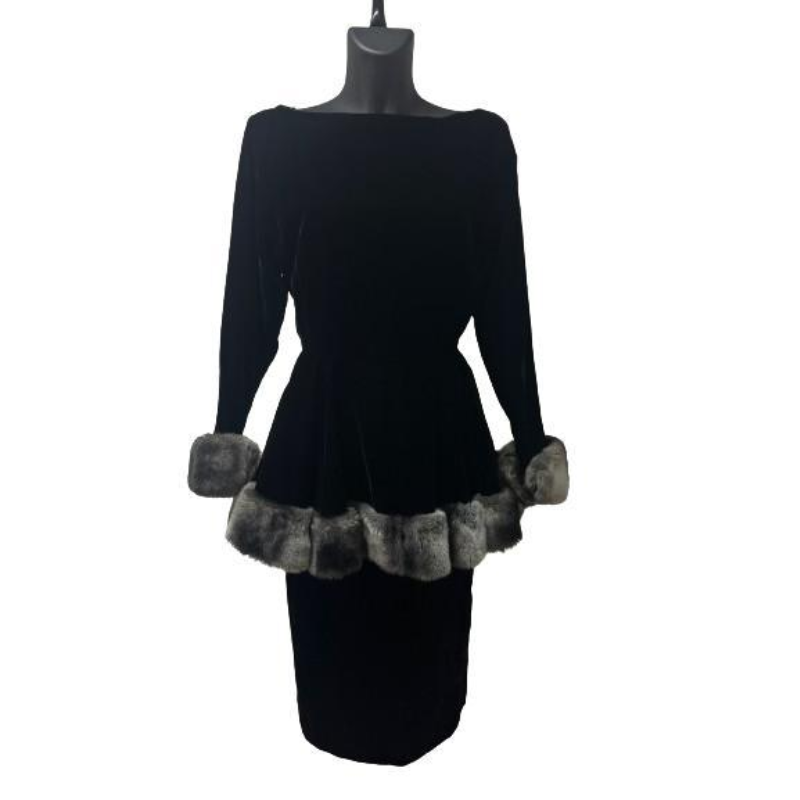 Christian Dior Black Velvet Dress with Fur (1983 Marc Bohan)