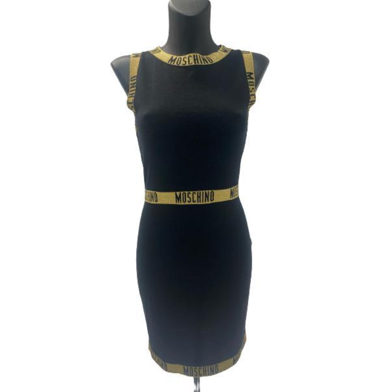 Moschino Black Dress with Logo Golden Stripes