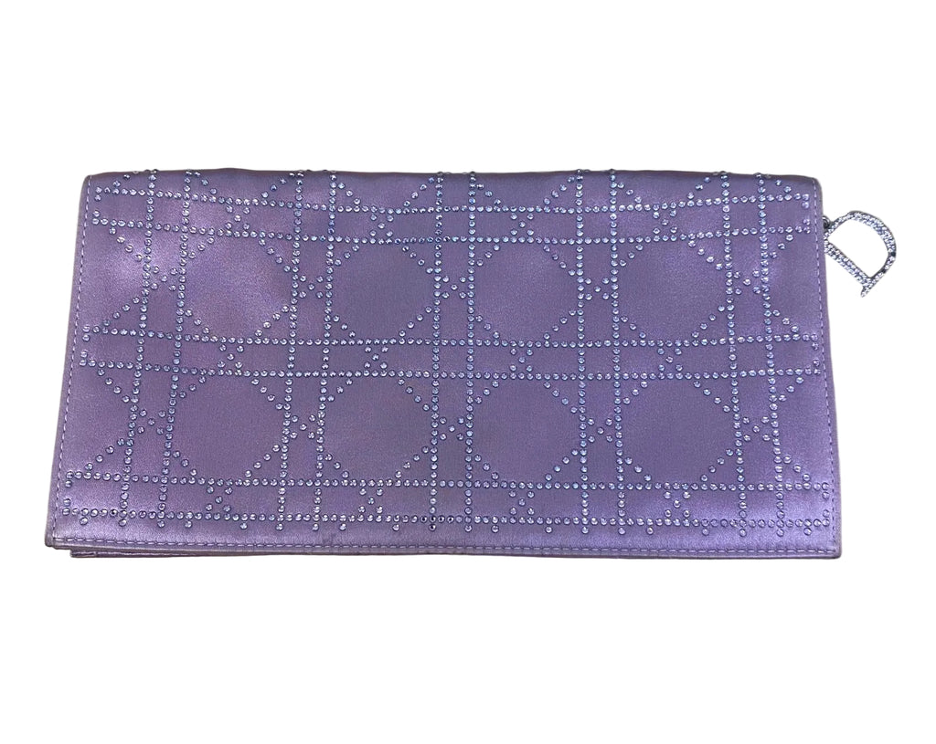 Christian Dior Metallic Lilac Satin Cannage Crystal Embellished Clutch Bag