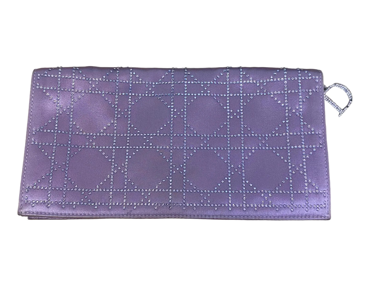 Christian Dior Metallic Lilac Satin Cannage Crystal Embellished Clutch Bag