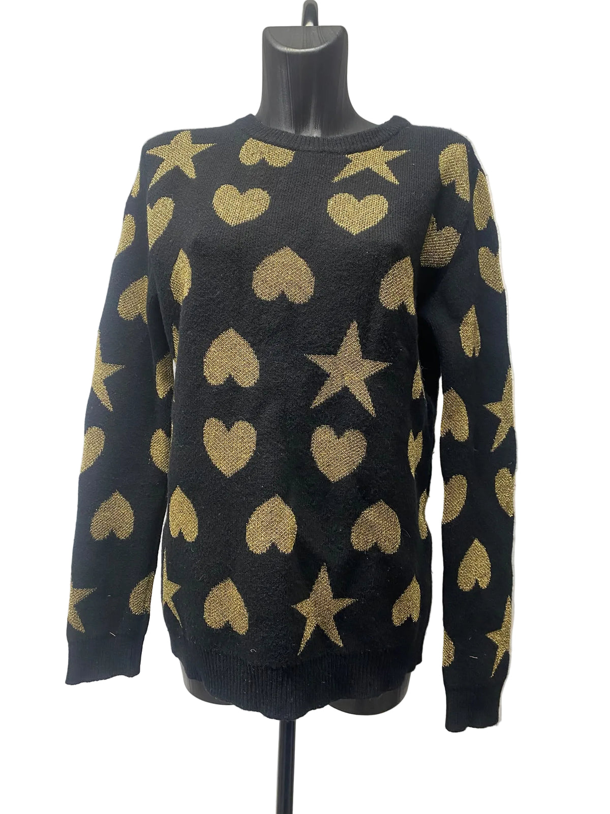 Gucci Black & Gold Metallic Lurex Hearts and Stars Jacquard Knit Sweater