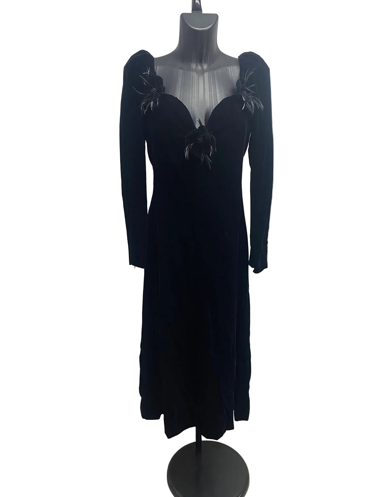 Yves Saint Laurent Rive Gauche Black Velvet Feather Evening Dress 1986/1988