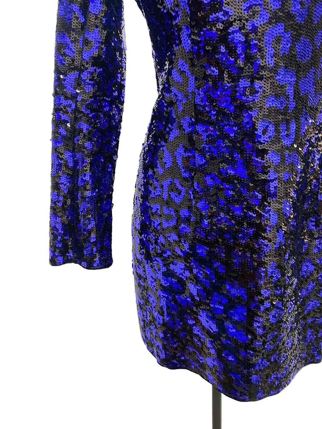 Fall2009 BALMAIN Sequined Leopard Print Mini Dress in Electric Blue & Black - Size FR 38