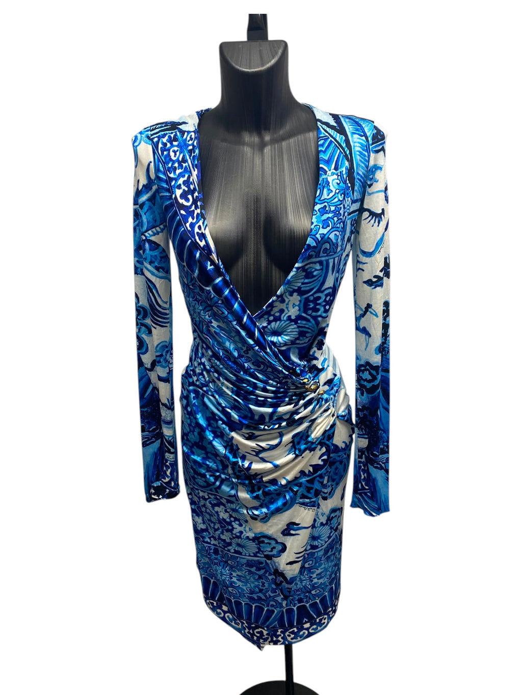 2005 Roberto Cavalli "Ming Vase" Blue Printed Ruched Mini Dress – Made in Italy