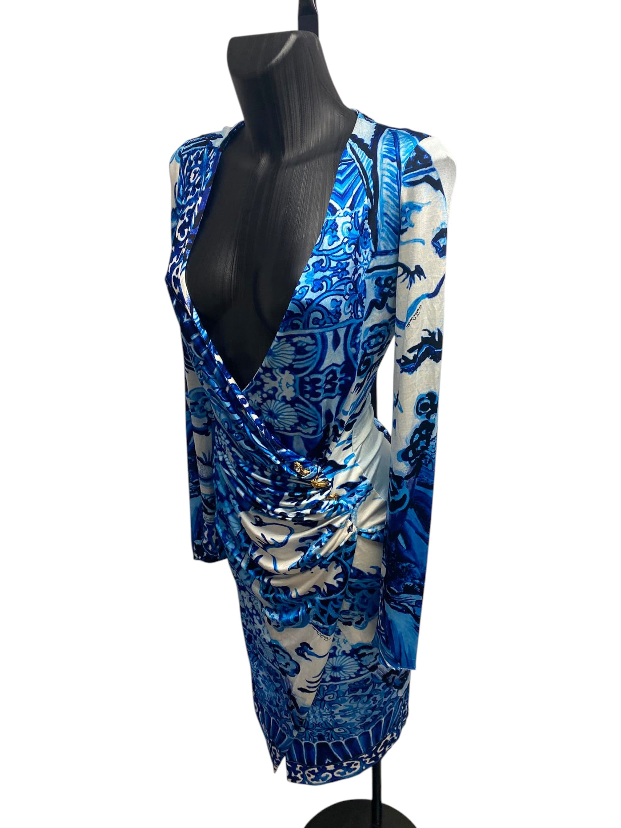2005 Roberto Cavalli "Ming Vase" Blue Printed Ruched Mini Dress – Made in Italy