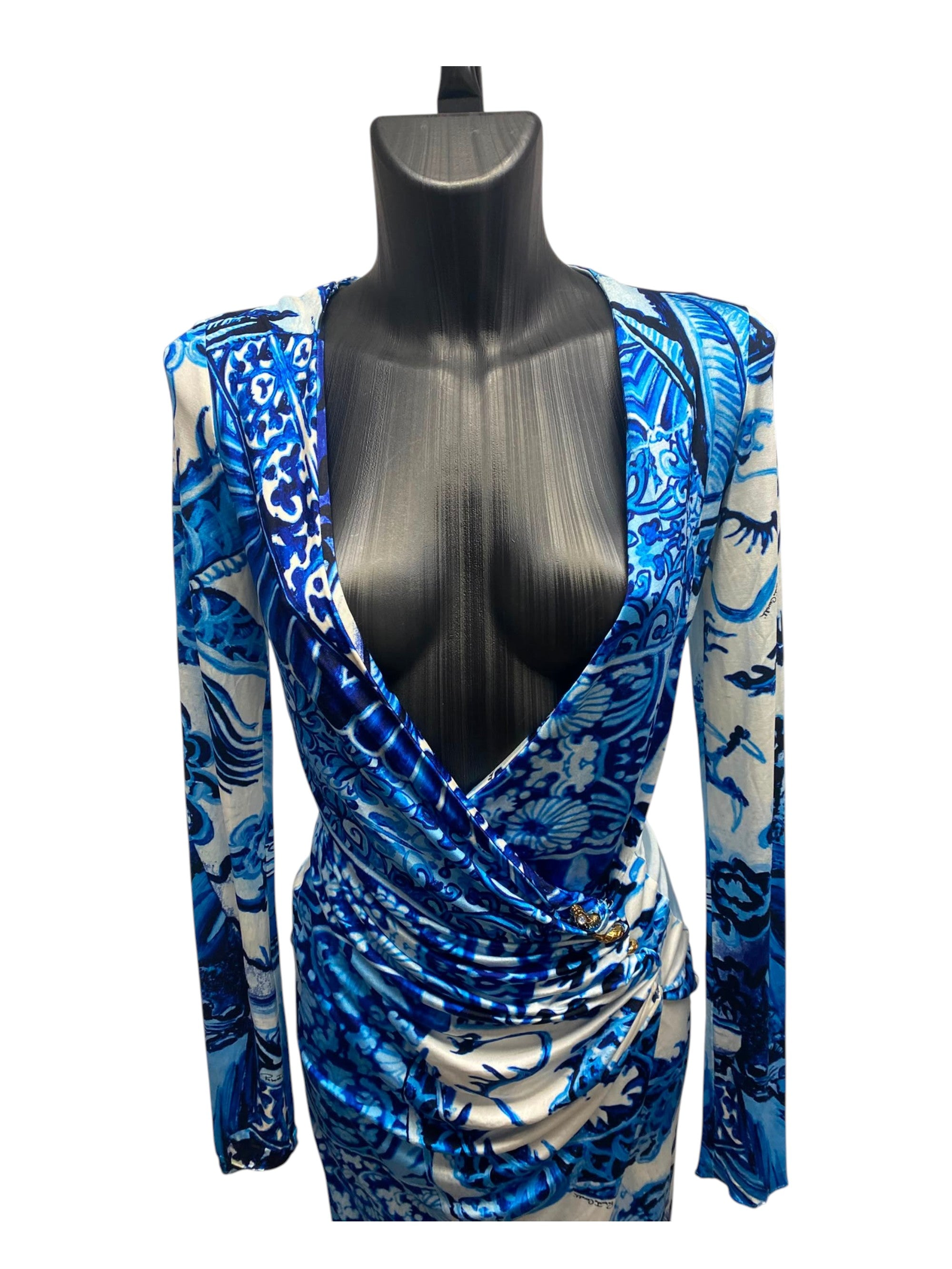 2005 Roberto Cavalli "Ming Vase" Blue Printed Ruched Mini Dress – Made in Italy