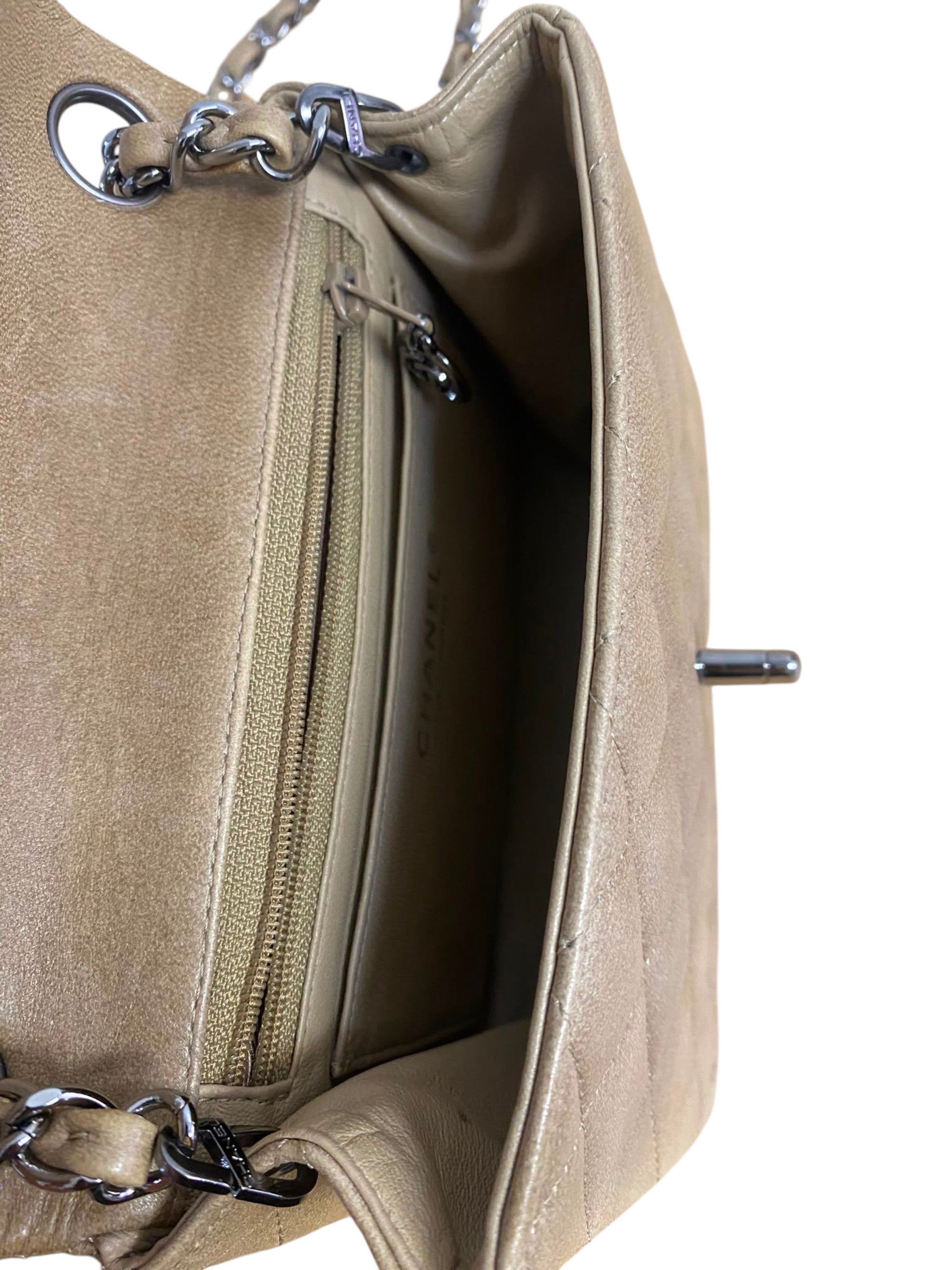 2003 Chanel Quilted Flap Bag in Beige Aged Calfskin & Ruthenium Hardware