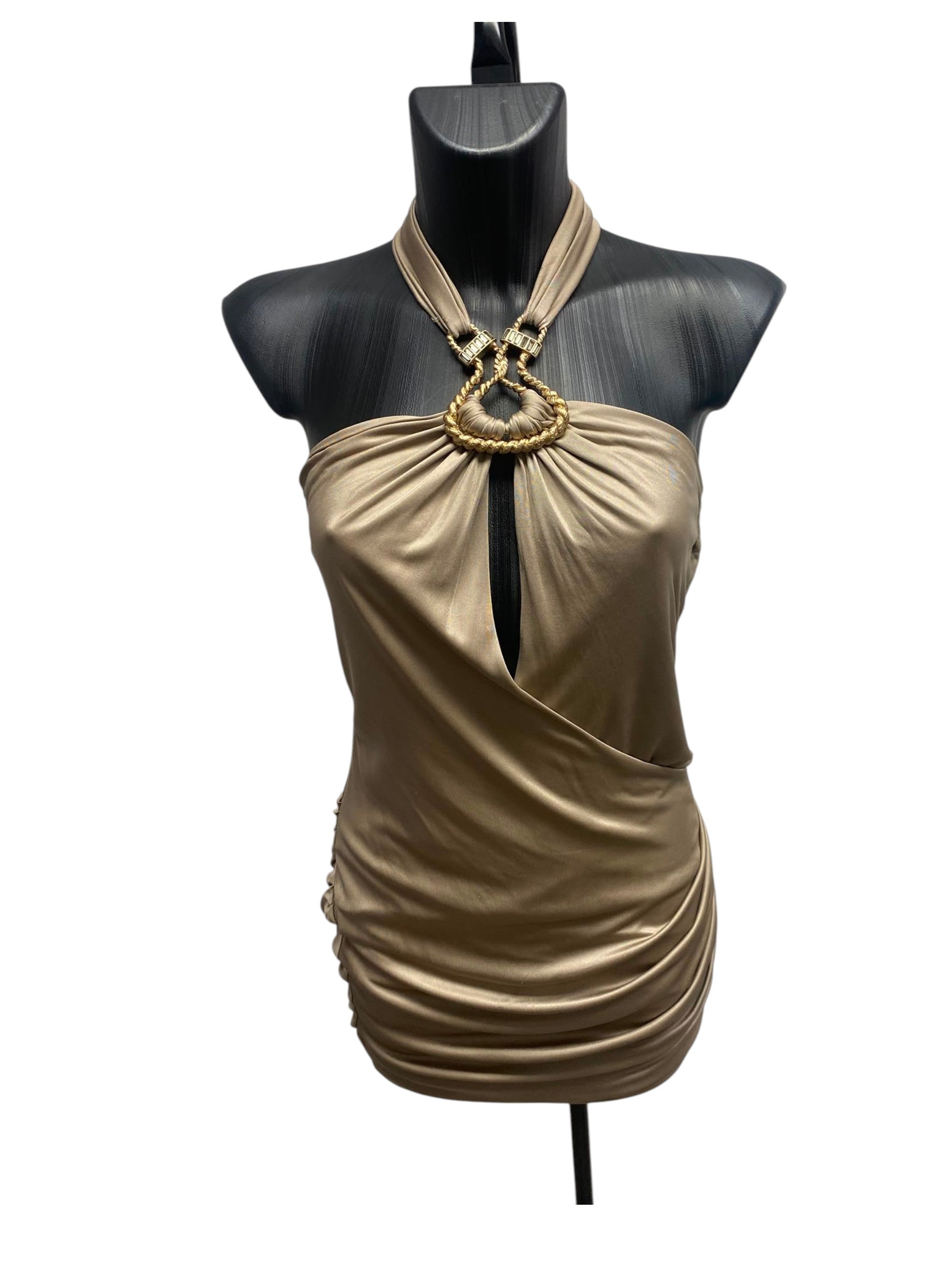 Emilio Pucci Metallic Gold Ruched Halter Neck Mini Dress