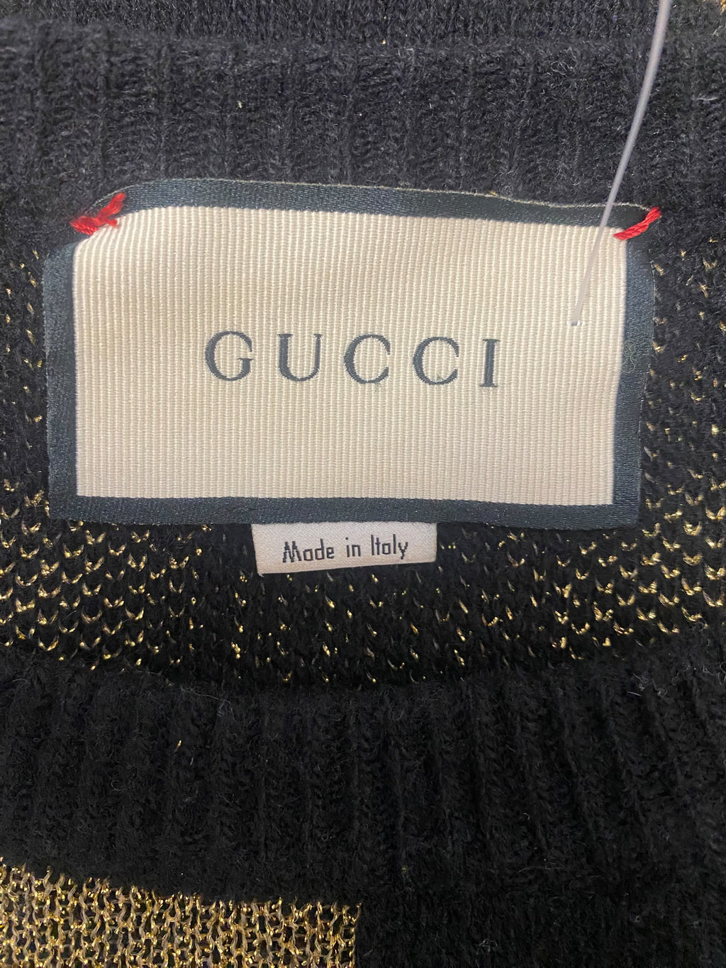 Gucci Black & Gold Metallic Lurex Hearts and Stars Jacquard Knit Sweater