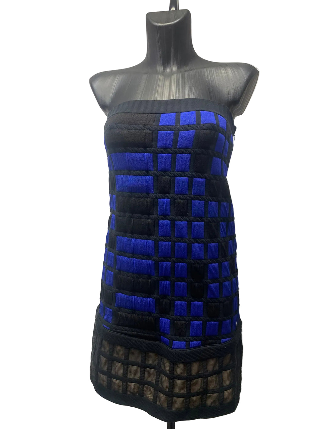 Chanel Spring 2013 Runway Black & Royal Blue Strapless Grid Knit Dress – Size 38