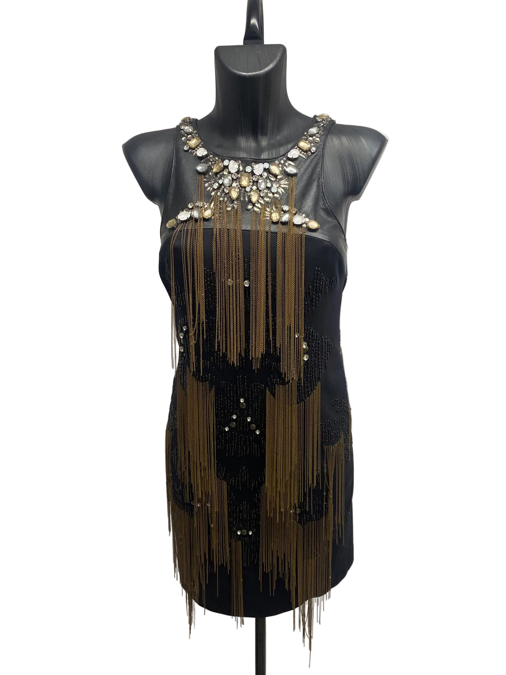 Roberto Cavalli Black Beaded Fringe Dress with Leather & Crystal Neckline
