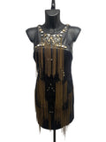 Roberto Cavalli Black Beaded Fringe Dress with Leather & Crystal Neckline